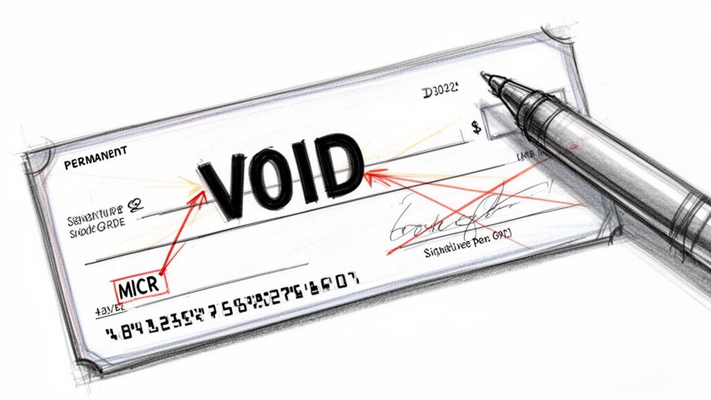 A white check with 'VOID' written across it, a pen, and red arrows indicating key areas like MICR.