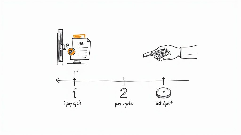 A hand-drawn diagram illustrating the direct deposit setup process over two pay cycles with a test deposit.