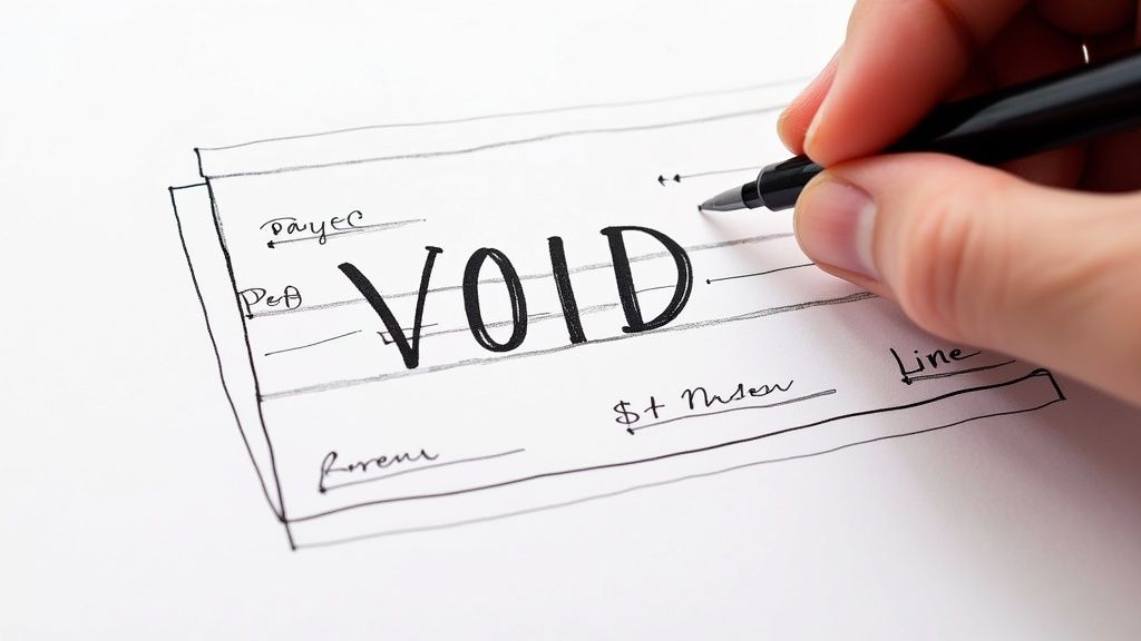 Hand writing the word VOID in large letters across a blank check with pen