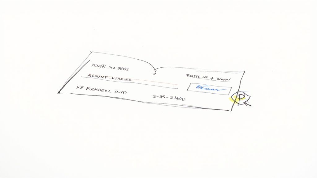 A rough hand-drawn sketch of a voided check with various handwritten labels and numbers.