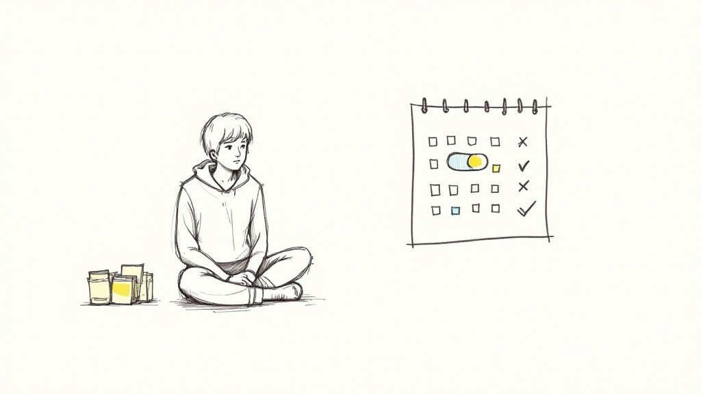 A hand-drawn image of a person with medication bottles and a calendar tracking daily adherence.