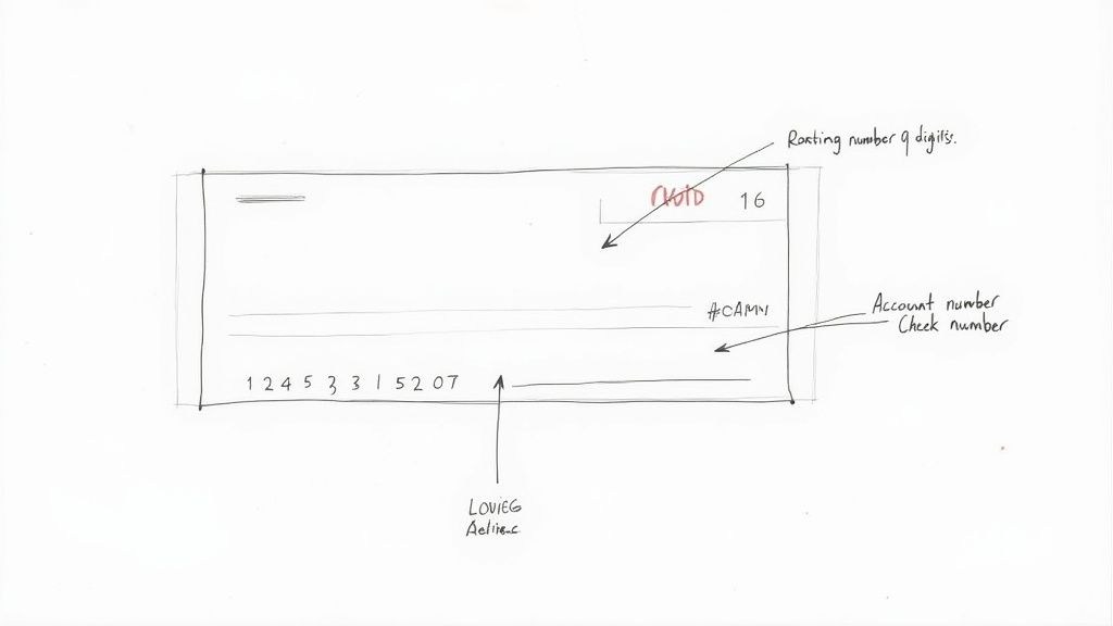 A hand-drawn diagram illustrating the components of a voided check, including routing and account numbers.