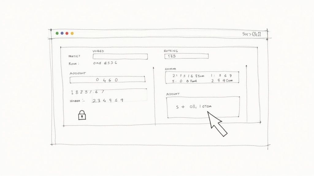 Hand-drawn sketch of a browser window showing a financial online form with multiple input fields.
