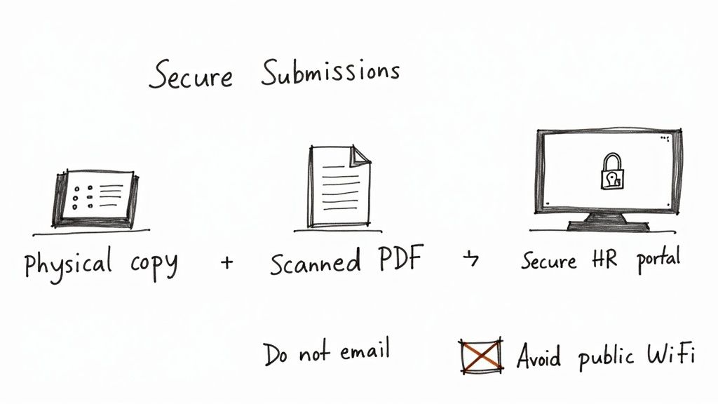 A diagram illustrates secure document submission via physical copy and scanned PDF to a secure HR portal, cautioning against email and public Wi-Fi.