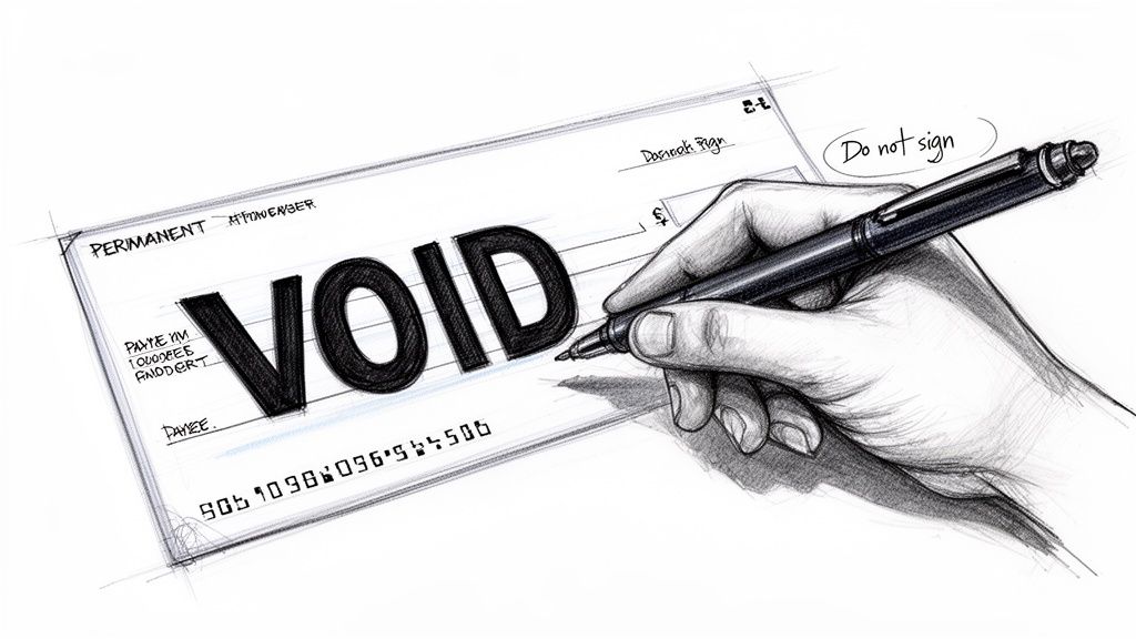 A hand writes 'VOID' on a check with a black pen, with 'Do not sign' circled.