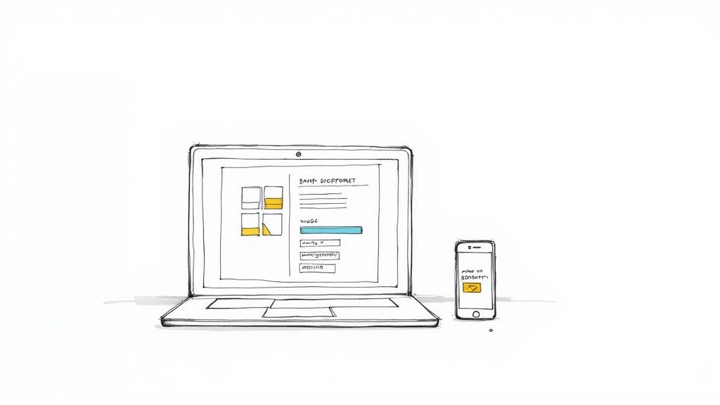 A hand-drawn sketch of a laptop and a smartphone, both displaying a responsive digital banking interface with yellow highlights.