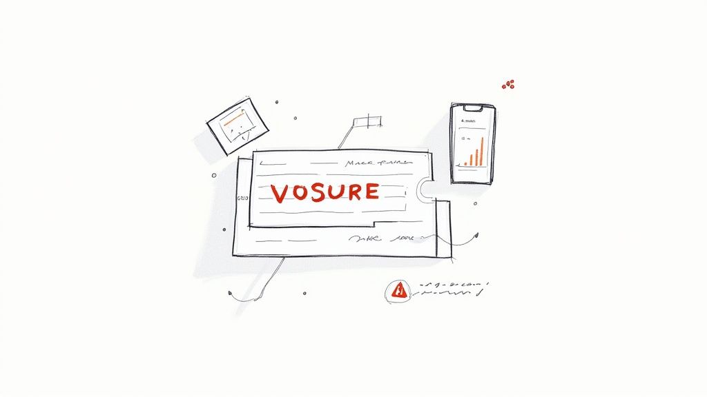 Hand-drawn illustration showing a VOSURE document, smartphone data, and a warning symbol.