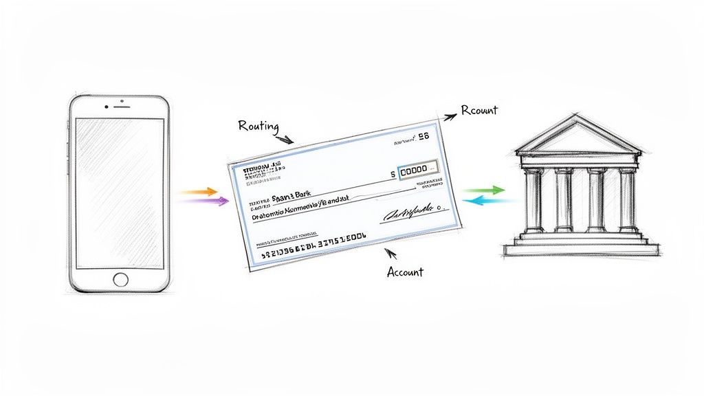 Diagram illustrating mobile check deposit from a smartphone, processing check routing and account details to a bank.