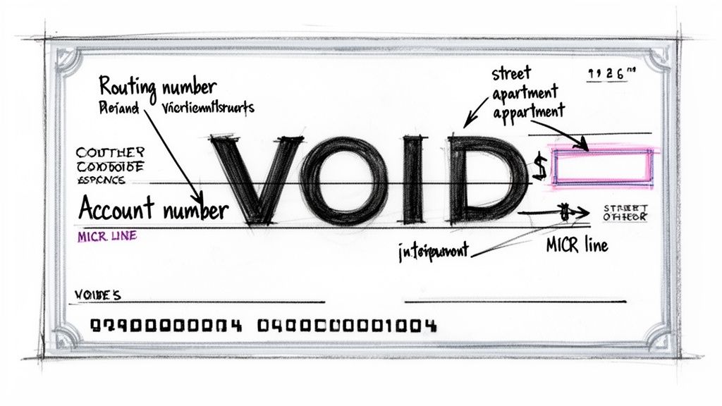 A hand-drawn illustration of a voided check with labels for routing and account numbers.