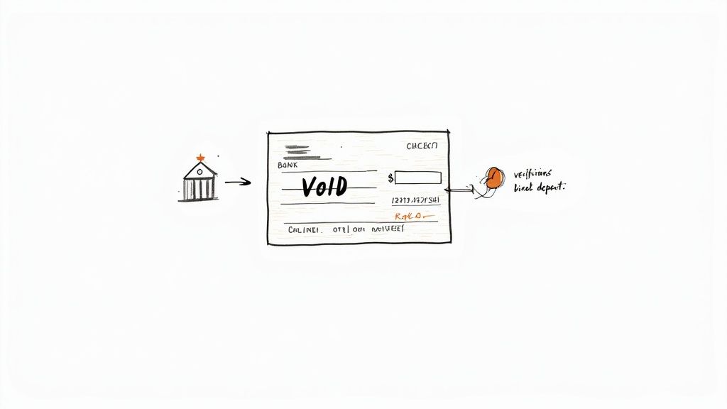 An illustration showing a bank building, a voided check, and text indicating direct deposit setup.