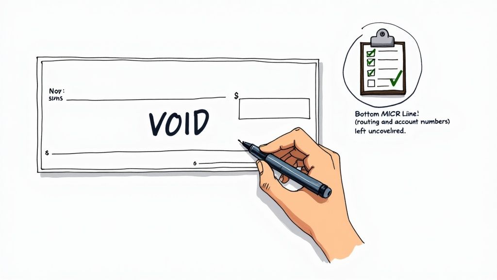 A hand voids a check by writing "VOID" across it, emphasizing the MICR line remains uncovered.