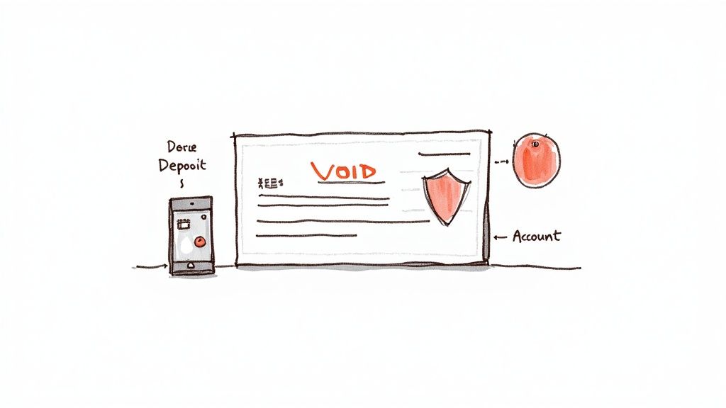 Hand-drawn illustration of mobile deposit for a voided check, linking to an account.