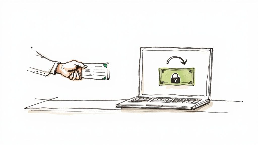 A hand holds a check towards a laptop displaying a secure online money transfer with a lock.