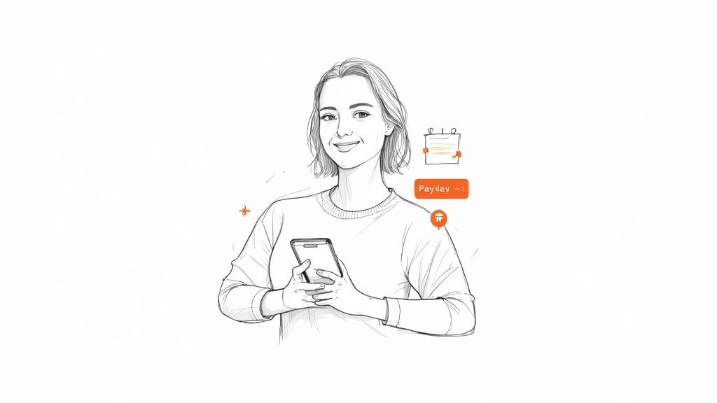 A smiling woman in a line drawing holds a smartphone, with 'Payday' and calendar icons.