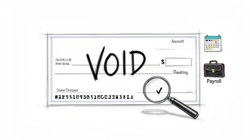 A voided check with 'VOID' written on it, accompanied by a magnifying glass, calendar, and 'Payroll' briefcase.
