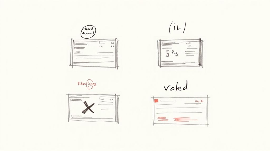 Four hand-drawn sketches illustrating various ways to mark checks as voided or invalid.