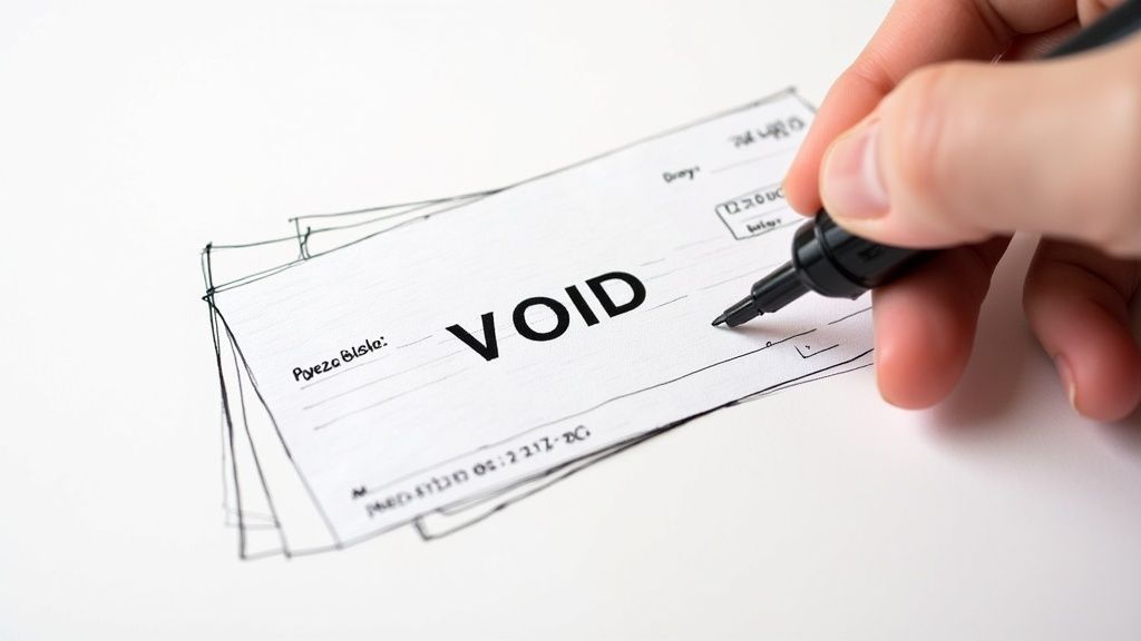 A hand uses a black marker to write 'VOID' across a stack of white check forms.