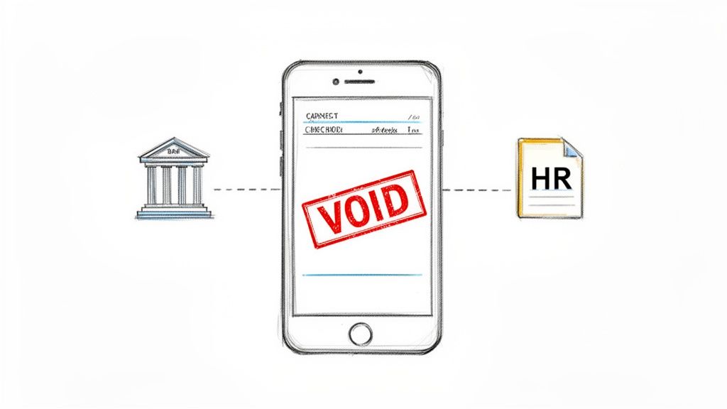 A mobile phone displays a voided check, connected to a bank and HR document.