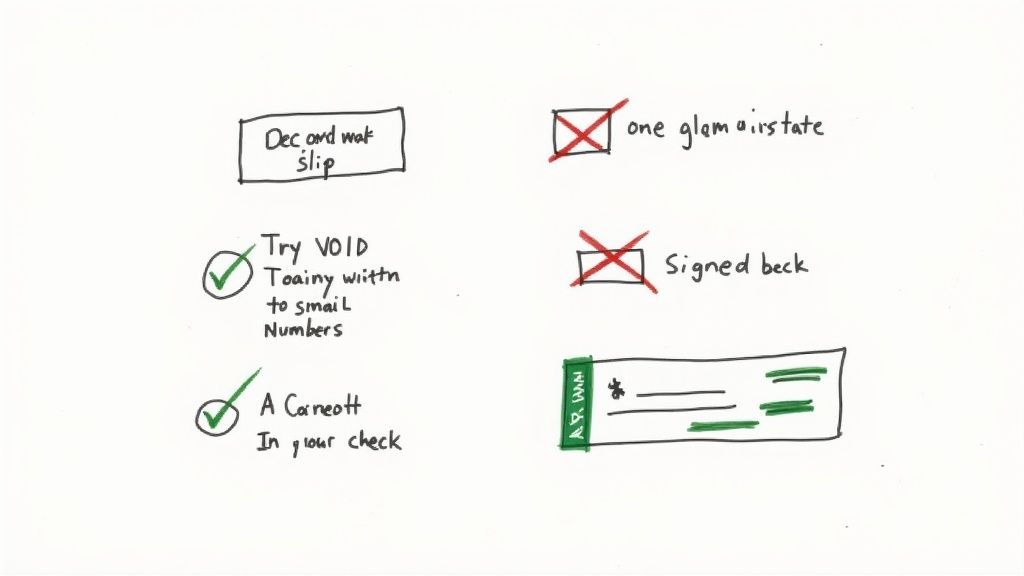 Handwritten notes and illustrations showing how to mark or void a check, with examples of correct and incorrect methods.