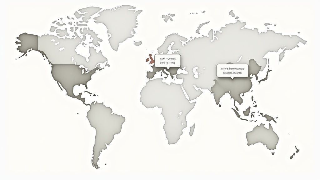 A world map showing continents highlighted in gray, the UK in red, and two location labels.