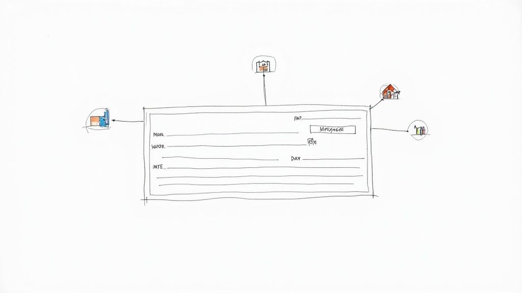 Hand-drawn blank check template with message field and icons showing voiding process