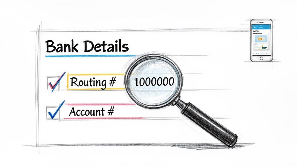 A sketch showing bank details, including a magnified routing number (1000000) and an account number.