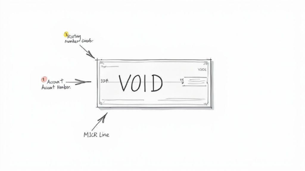 A hand-drawn sketch of a voided check, clearly labeled with the routing number, account number, and MICR line.