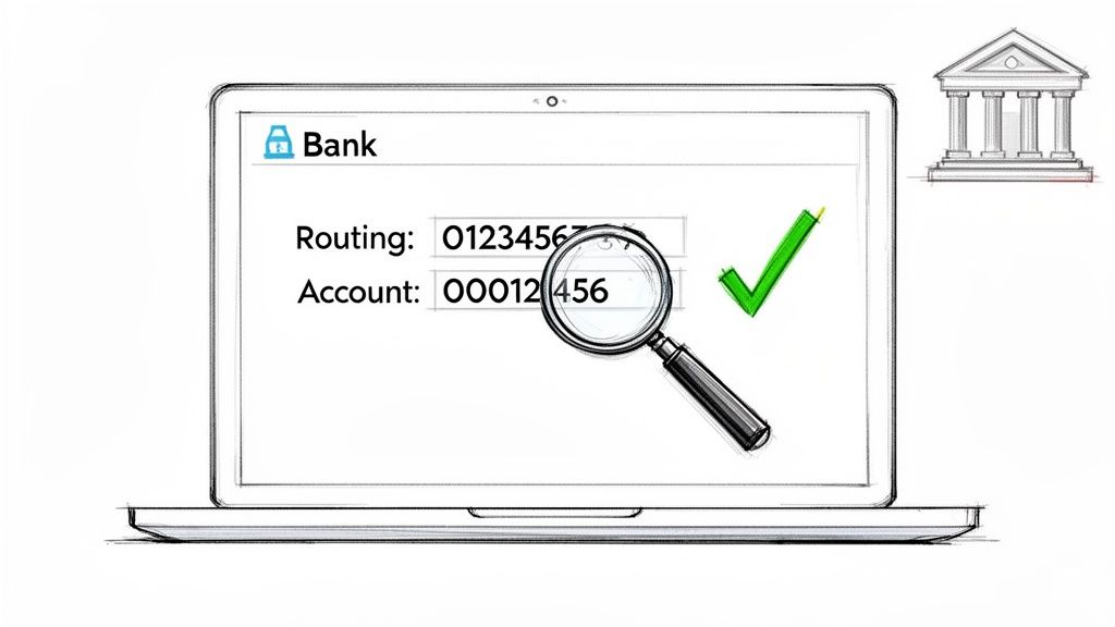 Laptop screen displays bank account details with routing and account numbers, verified by magnifying glass.