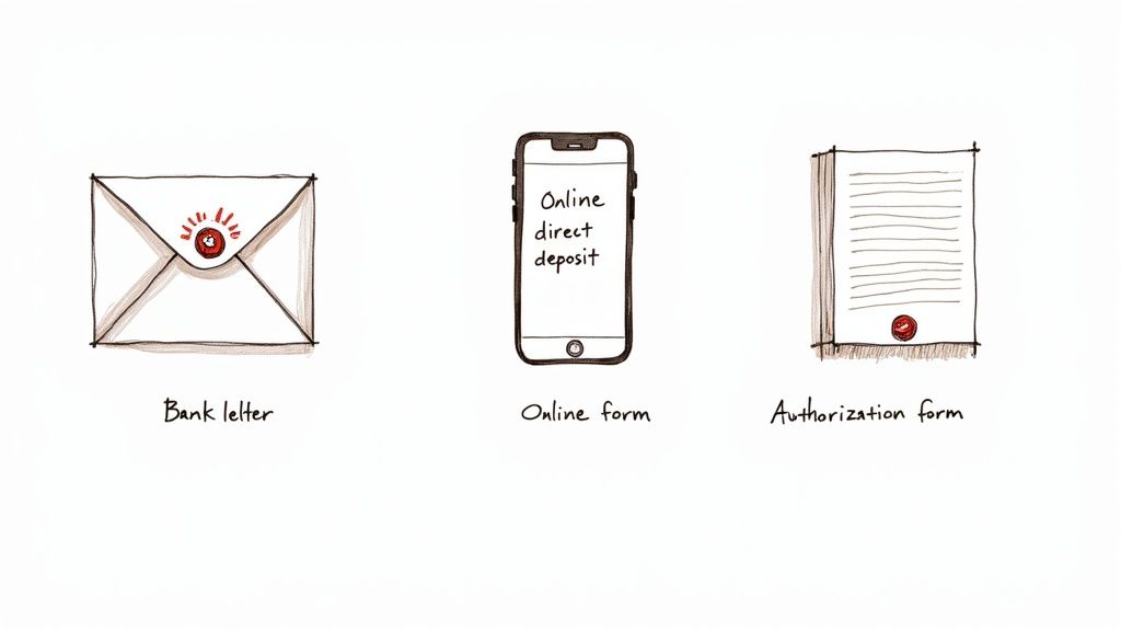 Three hand-drawn illustrations: a bank letter, a smartphone with 'Online direct deposit', and an authorization form.
