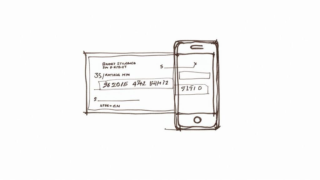 A hand-drawn sketch showing a check alongside a smartphone, illustrating the concept of mobile check deposit.