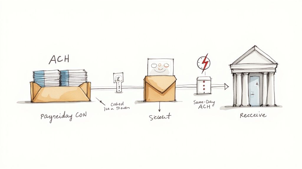 A hand-drawn diagram illustrates the ACH payment process, showing stages from consolidation to bank receipt.