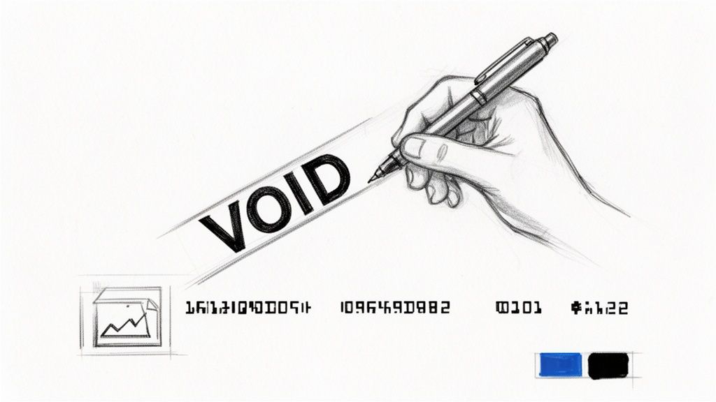 A hand holding a pen writes 'VOID' on a paper strip, with numbers and color swatches below.