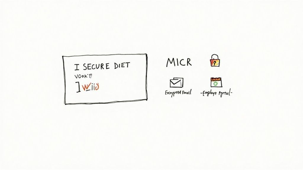 A hand-drawn sketch of security-related concepts, including 'I SECURE DIET', MICR, encrypted email, and an employee portal.