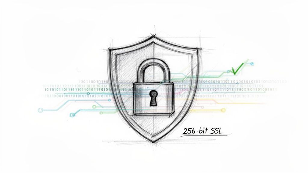 Sketch of a shield with a padlock, binary code, and '256-bit SSL' text, representing digital security.
