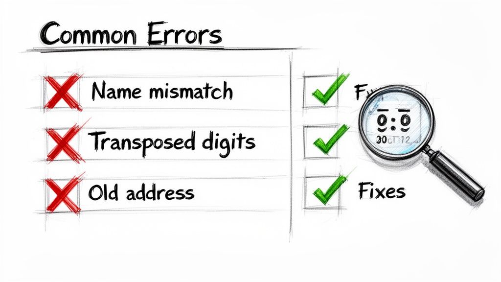 A checklist of common errors like name mismatch, transposed digits, and old address, with fixes.