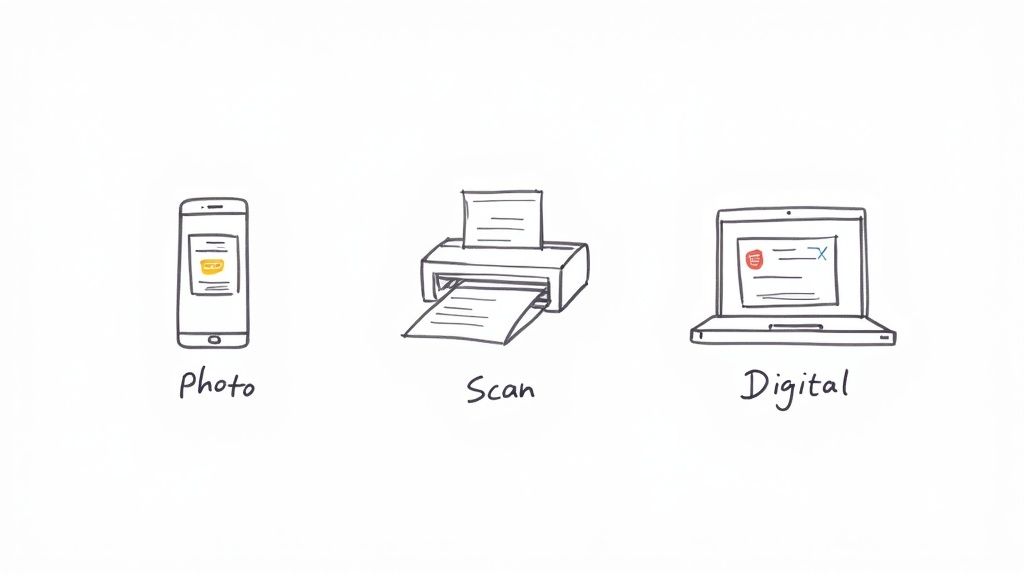 Hand-drawn icons illustrate methods of document capture and display: photo on phone, scan from printer, and digital on laptop.