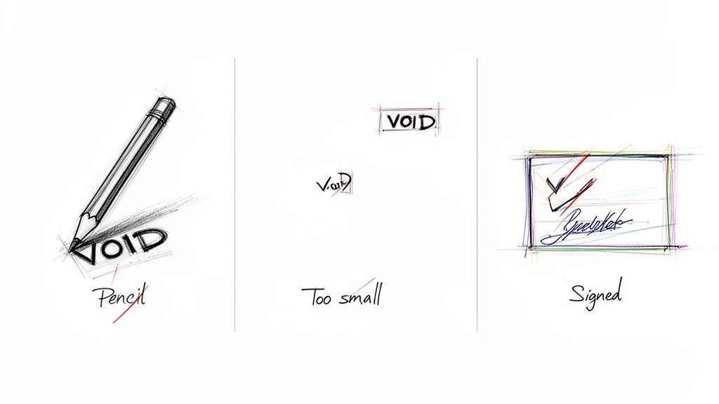 Three panels illustrating how to void a document, showing invalid methods like pencil and too small text, and a valid signed method.