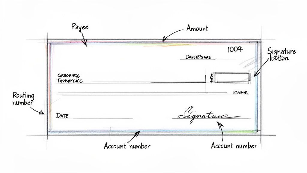 A diagram illustrating the parts of a blank check, including payee, amount, and account numbers.