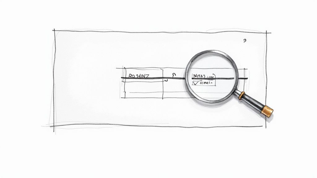 A hand-drawn sketch showing a technical plan with a magnifying glass zooming in on details.