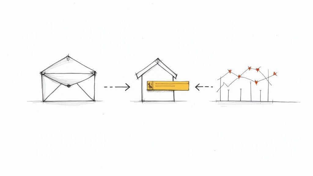 A conceptual diagram illustrating data flow with an open envelope, a document in a house, and a house with a fluctuating data graph.