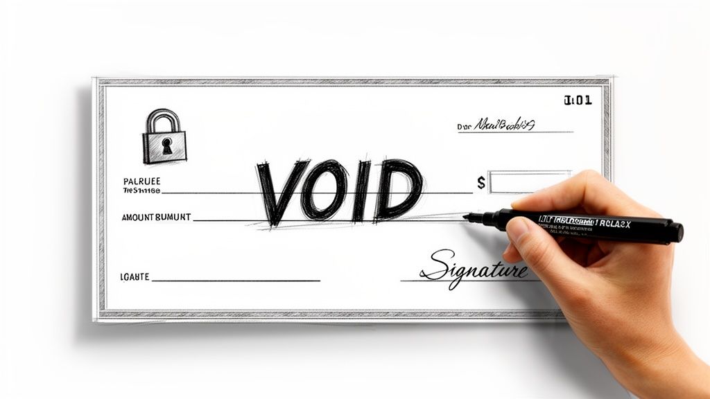 A hand uses a black marker to write 'VOID' across a blank, white check document.