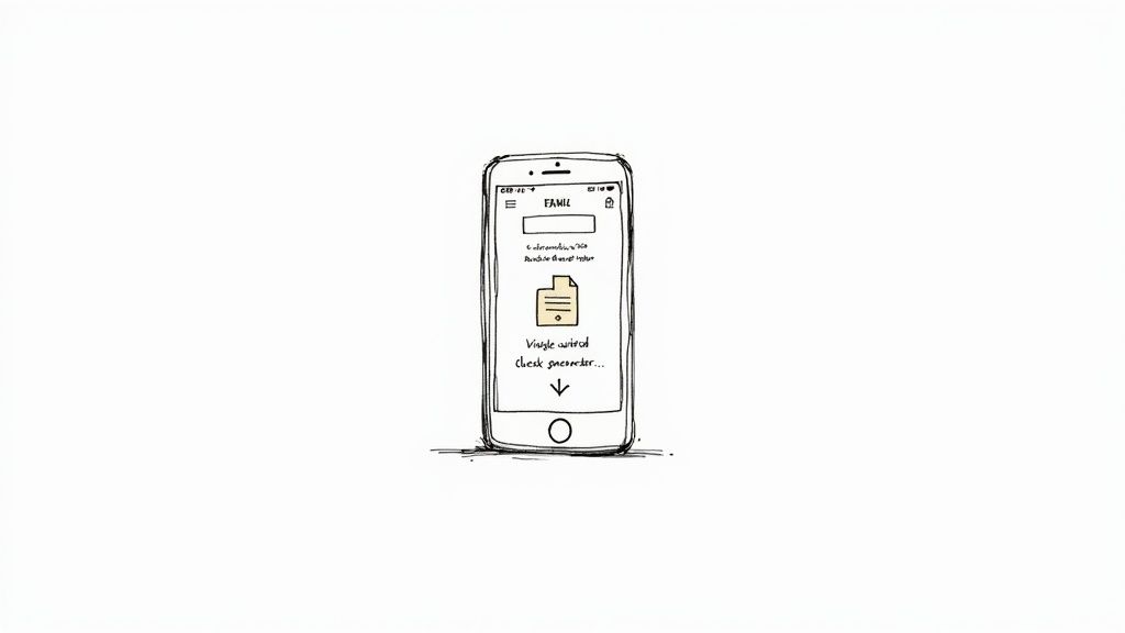 A hand-drawn smartphone screen depicts a mobile application for submitting a document, likely a voided check.