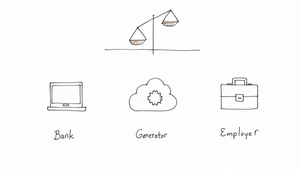 A balance scale above icons representing a Bank (laptop), a Generator (cloud), and an Employer (briefcase).
