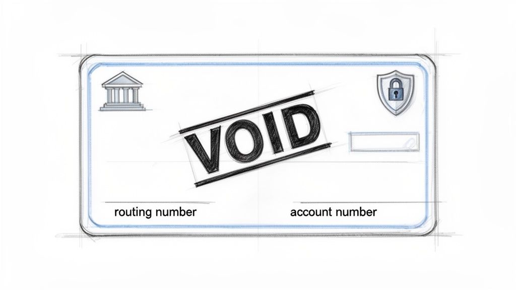 A detailed sketch of a voided check, highlighting the routing and account numbers.