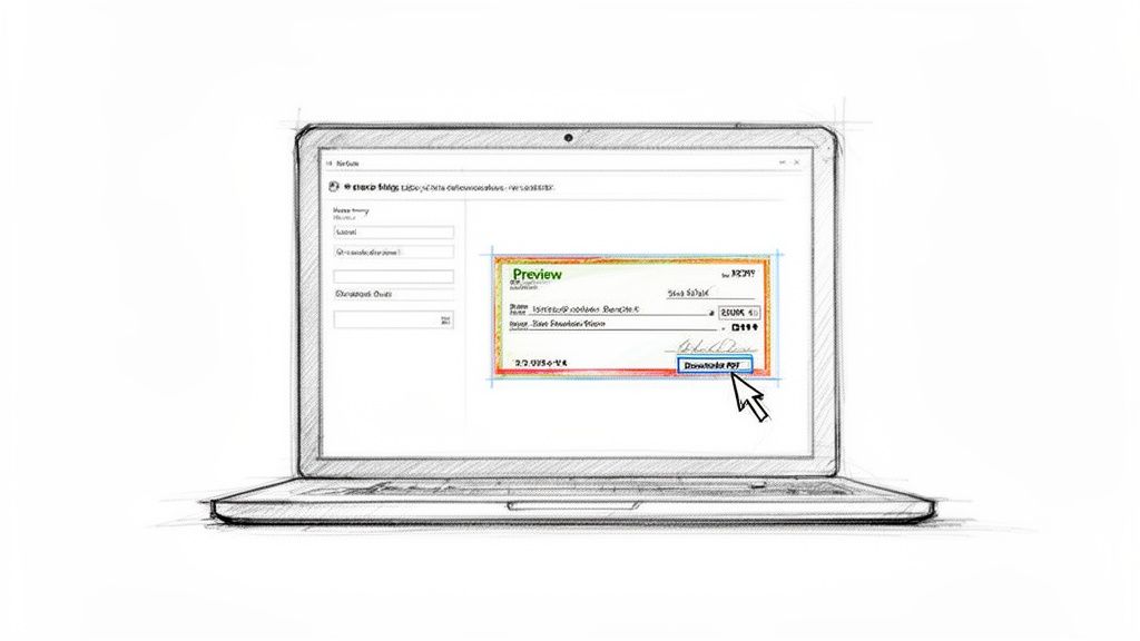 A sketch of a laptop screen displaying a voided check preview and a 'Download PDF' button.