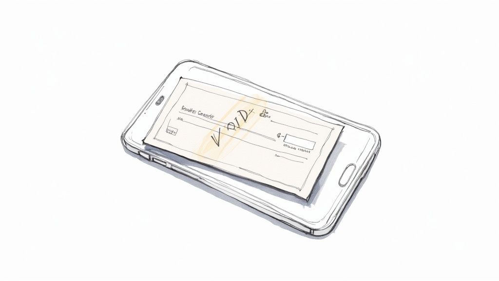 A hand-drawn illustration of a voided check lying on a white smartphone's screen.