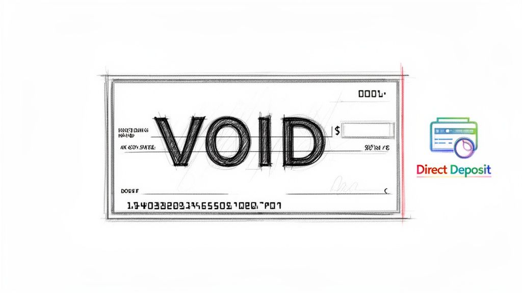 A sketched check with "VOID" written across it, next to a "Direct Deposit" icon.