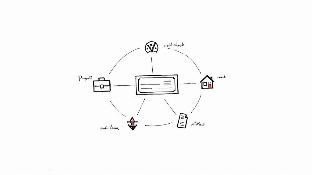 A diagram illustrates a check in the center, connected to various financial elements like payroll, rent, and loans.