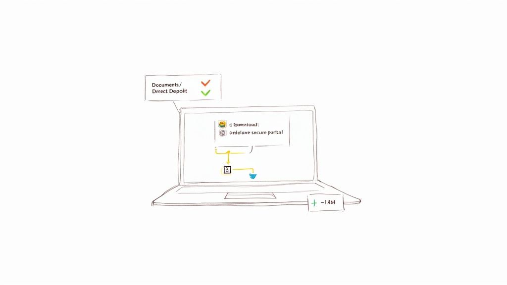 A diagram on a laptop screen illustrating a document direct deposit process via a secure portal.