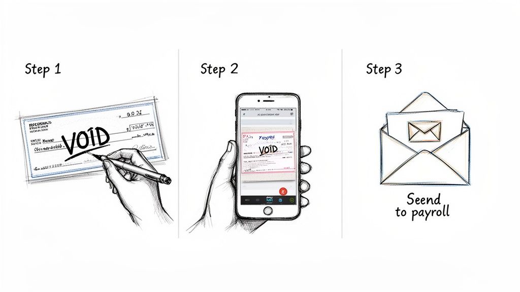 Three steps illustrating how to void a blank check, scan it with a phone, and send it to payroll.